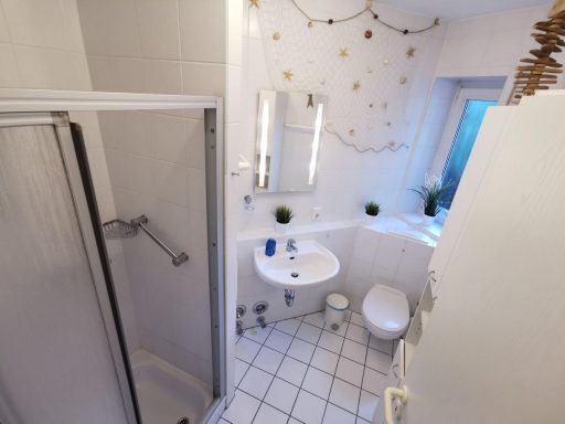 Kleines Badezimmer mit Dusche, Waschbecken und Toilette, helle Wände und Fenster.