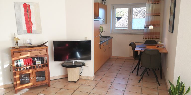 Gemütlicher Wohnraum mit Fernseher, Essbereich und offener Küche.