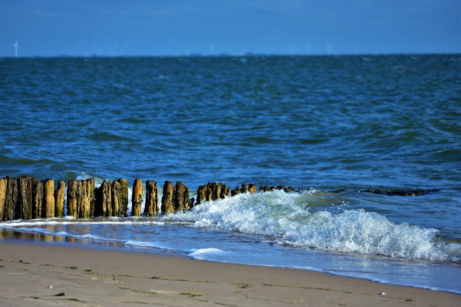Ufer mit Wellen, Holzpfählen und ruhigem Wasser unter blauem Himmel.