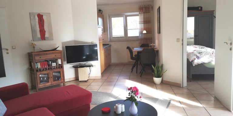 Helle Wohnung mit rotem Sofa, Fernseher und Essbereich; im Hintergrund ein Schlafzimmer.