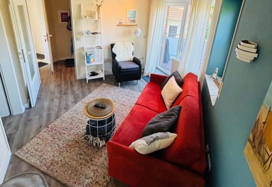 Heller Wohnzimmer mit roter Couch, Teppich und Regal, Blick auf einen Außenbereich.