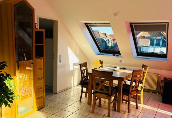 Helle Dachwohnung mit Tisch, Stühlen und Dachfenstern.